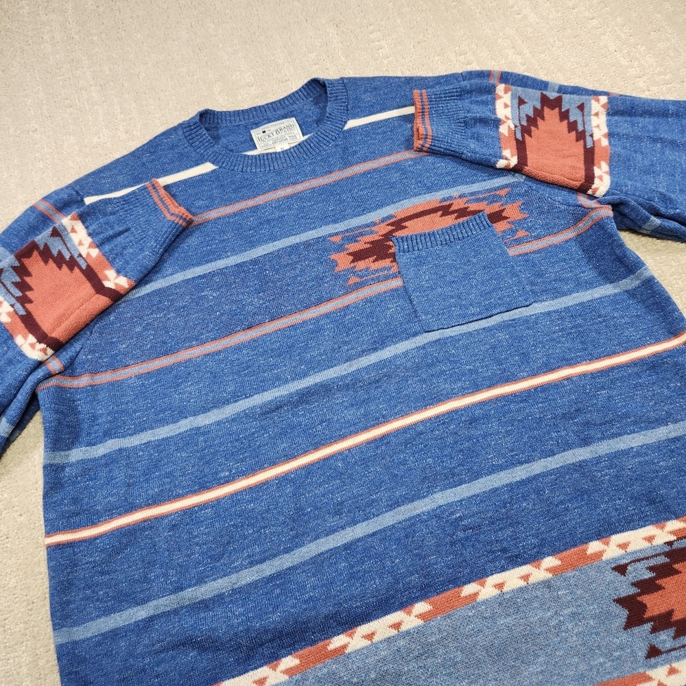 Lucky Brand Aztec Sweater Men XL Knit Cotton Crewneck Navajo Southwestern Blue